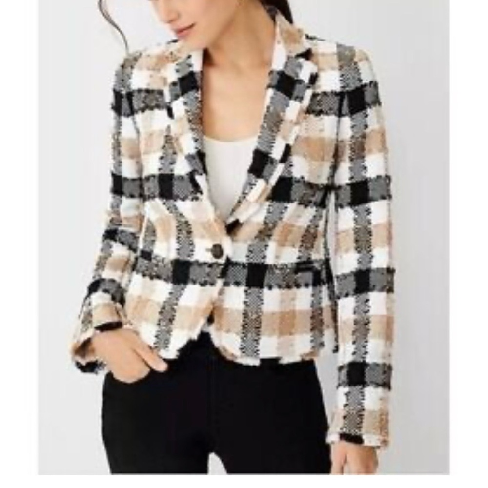 Ann Taylor Plaid Blazer - Black, White, Tan size 4P